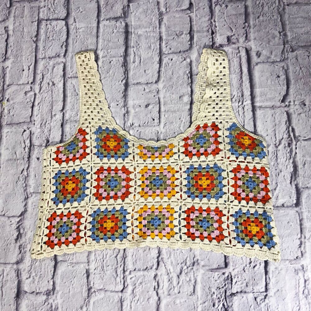 Sincerely Jules Womens Multicolor Granny Square Crochet Cropped Tank Top Size L